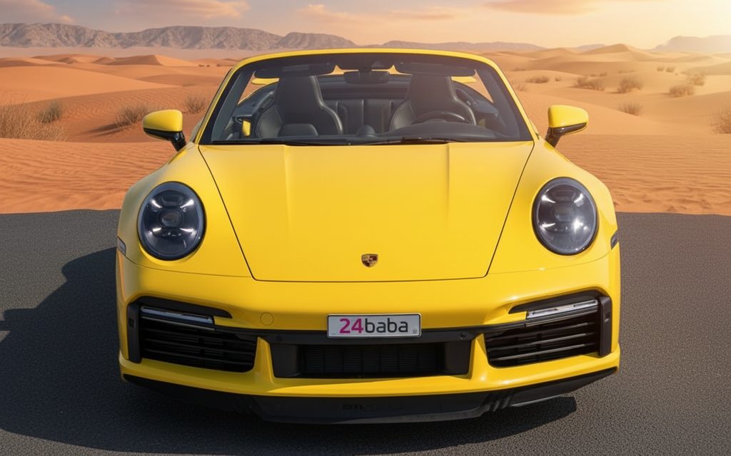 Porsche 911 2023 Yellow front view with headlights – rental in Dubai