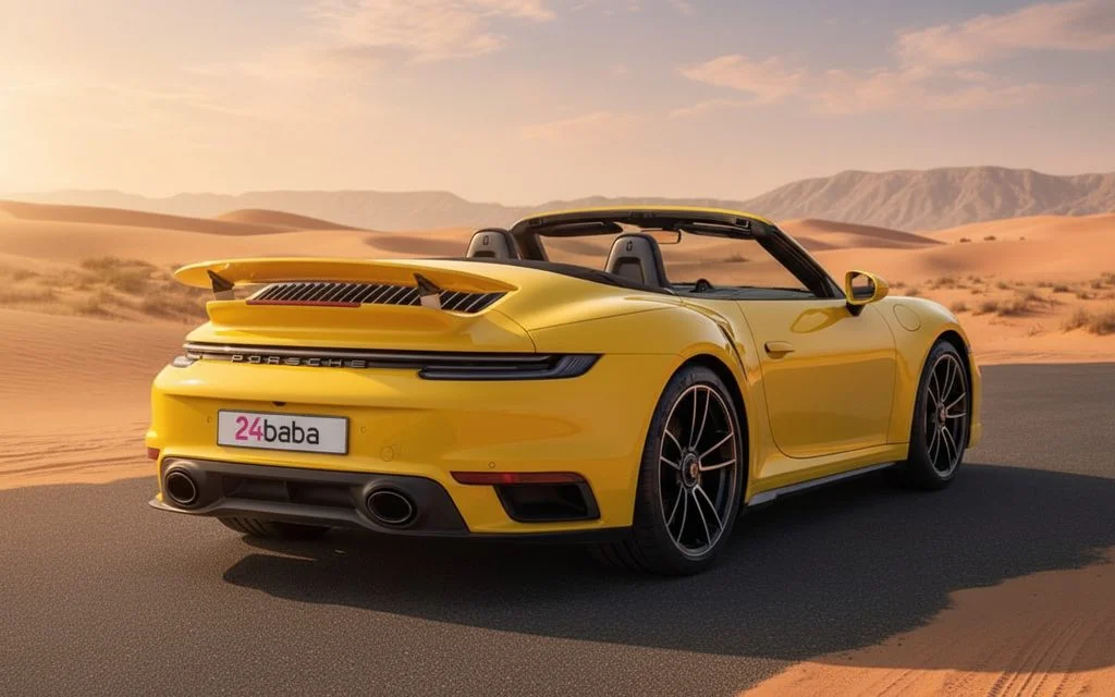 Porsche 911 2023 Yellow rear view showing taillights – rental in Dubai