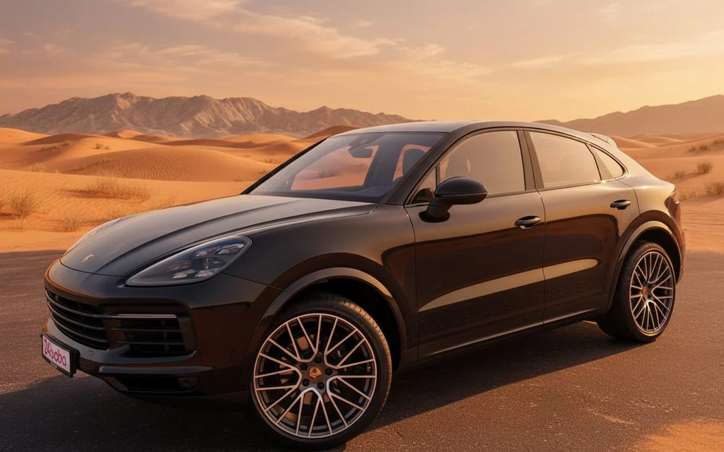 Porsche Cayenne 2022 Black front view with headlights – rental in Dubai