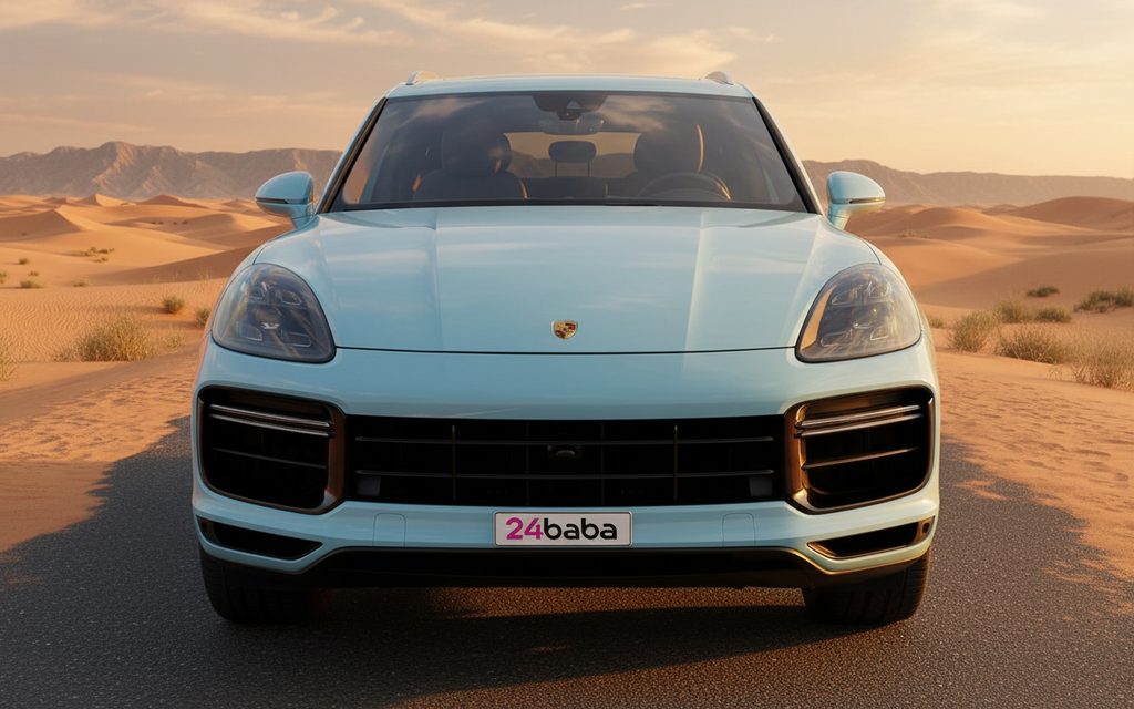 Porsche Cayenne 2022 Blue front view with headlights – rental in Dubai