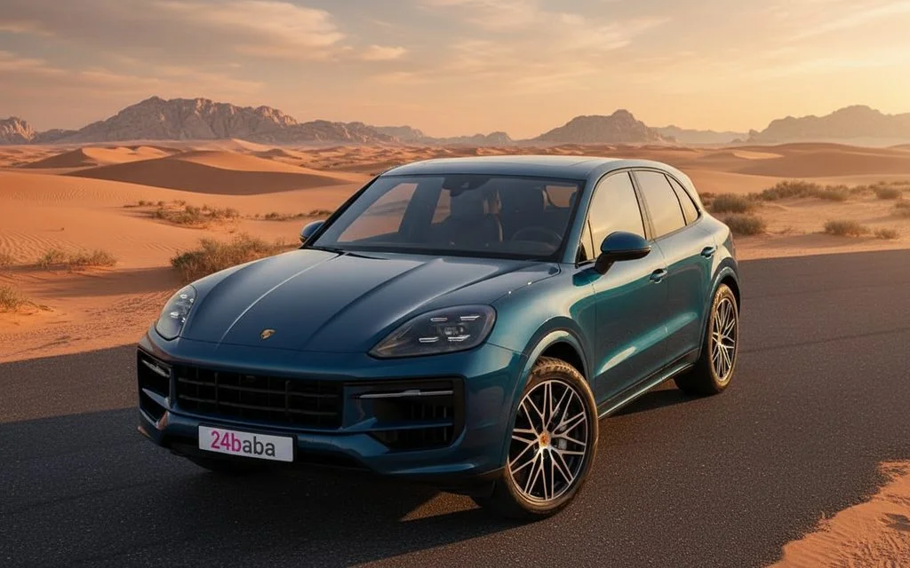 Porsche Cayenne 2024 Blue front view with headlights – rental in Dubai