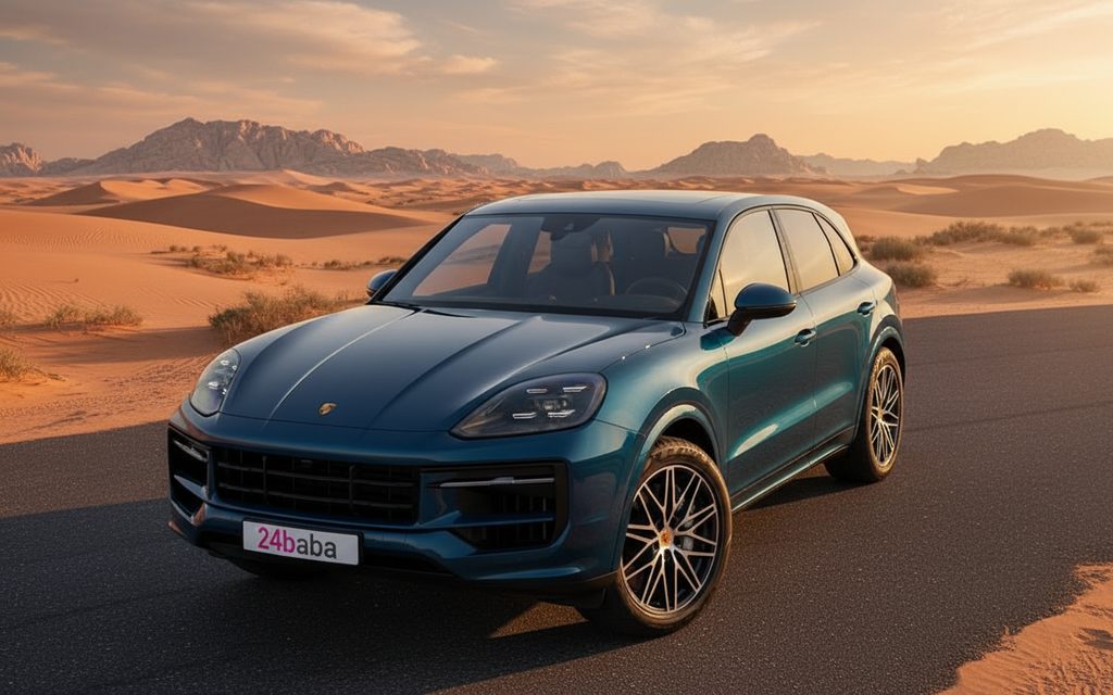 Porsche Cayenne 2024 Blue front view with headlights – rental in Dubai