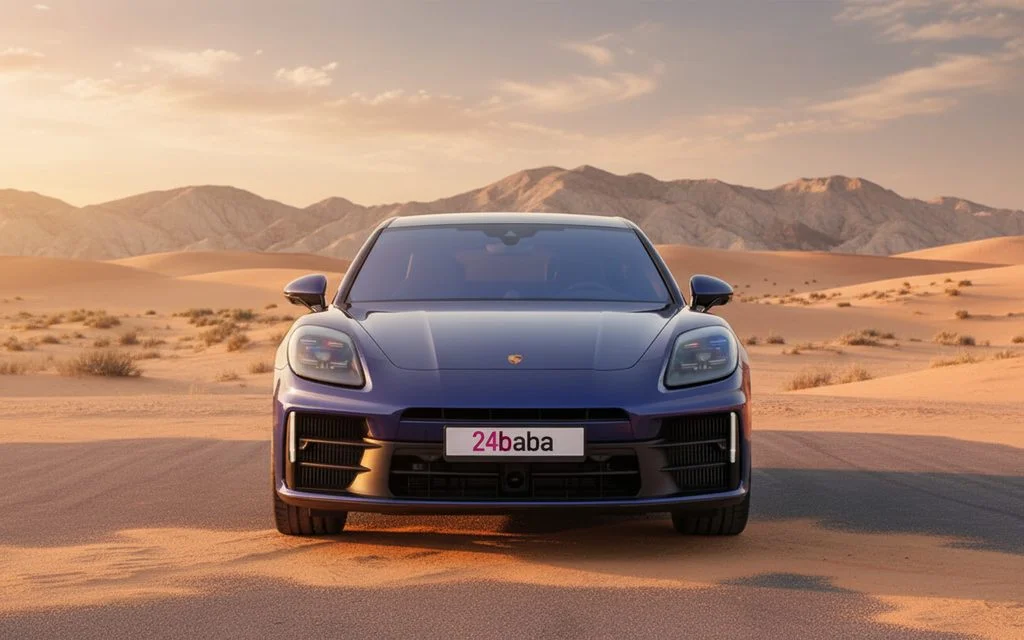 Porsche Panamera 2025 Blue front view with headlights