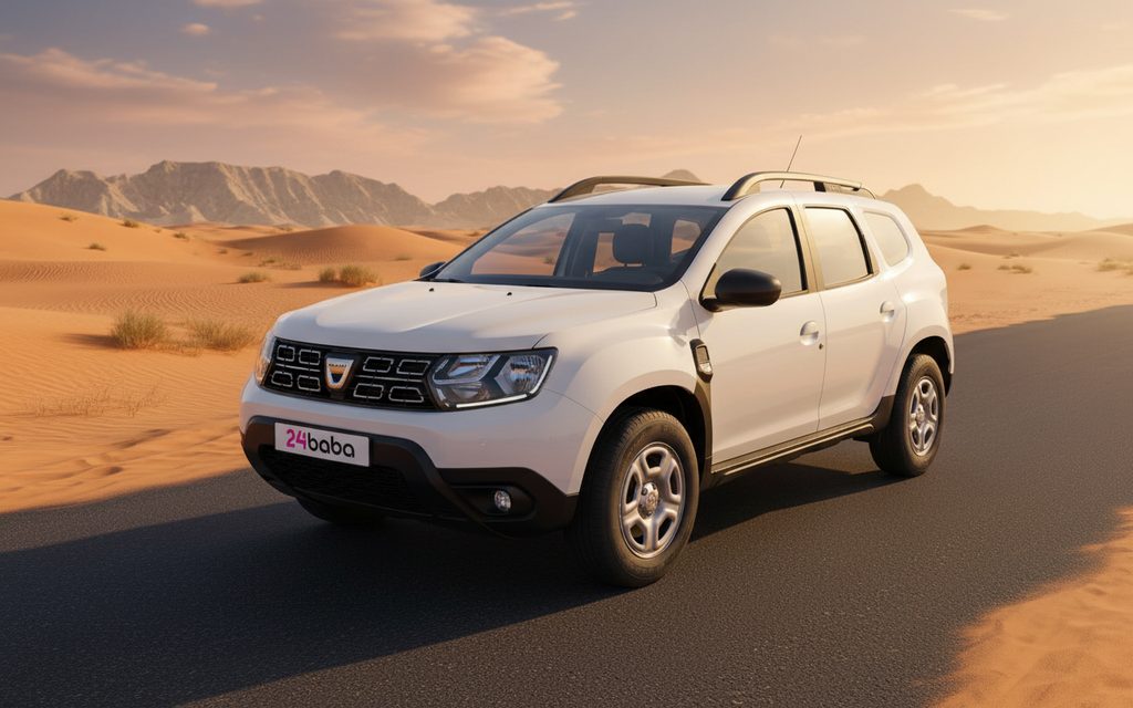 Renault Duster 2020 White front view with headlights – rental in Dubai