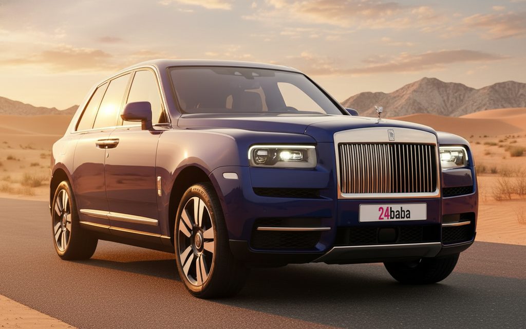 RollsRoyce Cullinan 2025 Blue front view with headlights – rental in Dubai