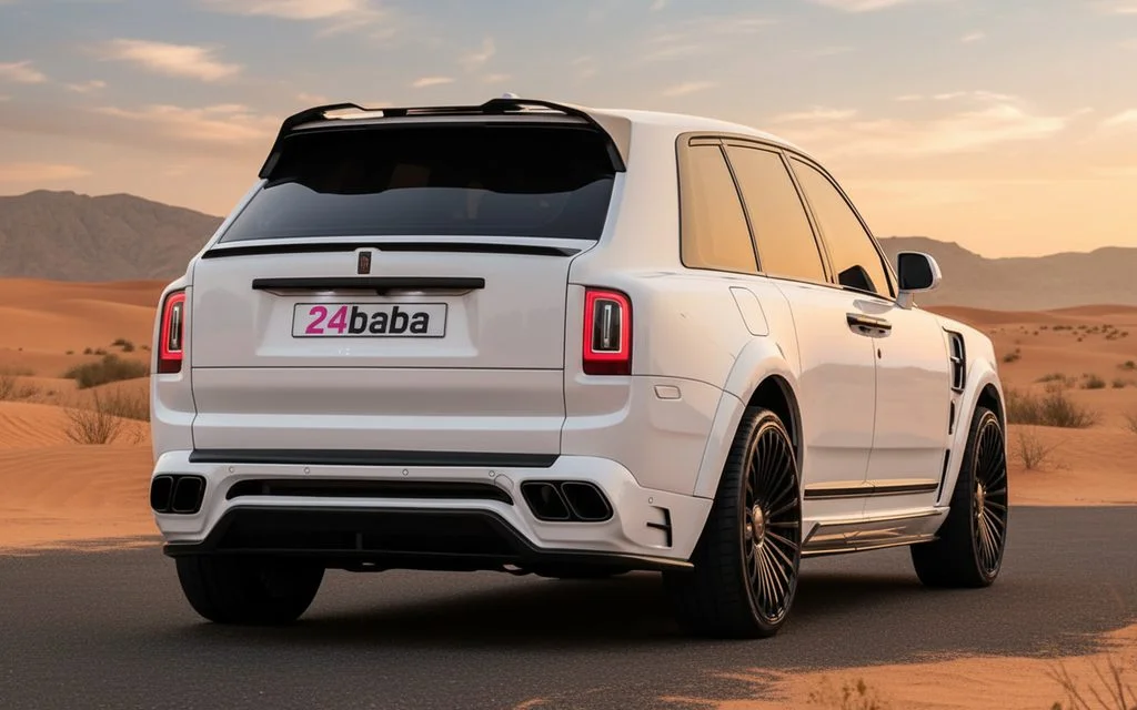 RollsRoyce Cullinan 2021 White rear view showing taillights – rental in Dubai