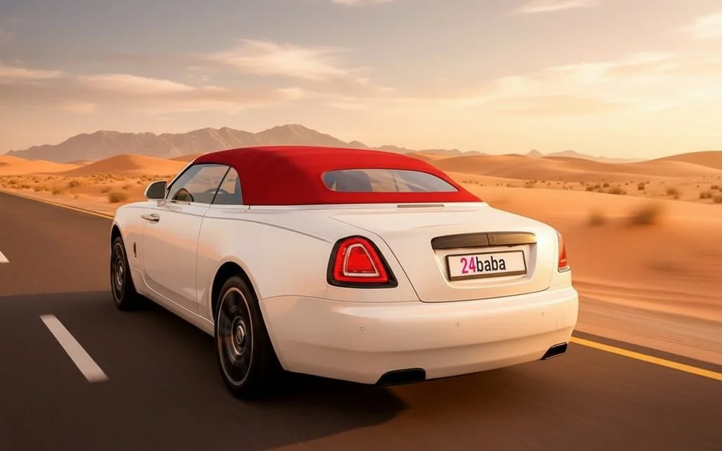 RollsRoyce Dawn 2022 White rear view showing taillights – rental in Dubai