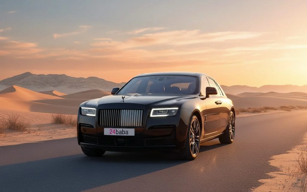 RollsRoyce Ghost 2022 Black front view with headlights – rental in Dubai