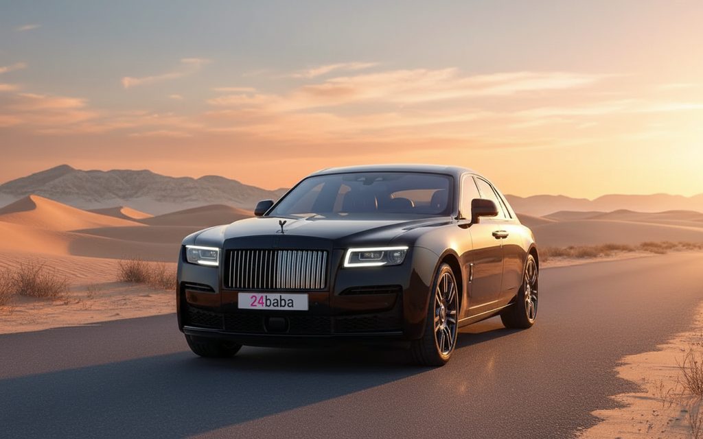 RollsRoyce Ghost 2022 Black front view with headlights – rental in Dubai