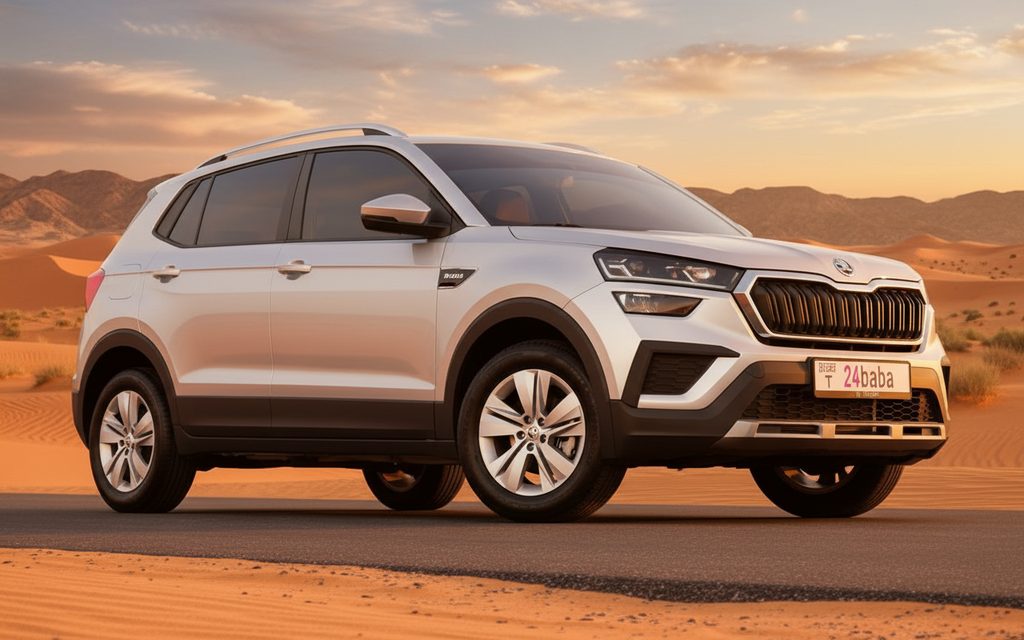 Skoda Kushaq 2023 Silver front view with headlights