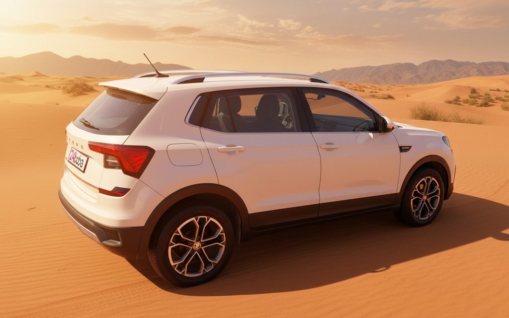 Skoda Kushaq 2023 White rear view showing taillights