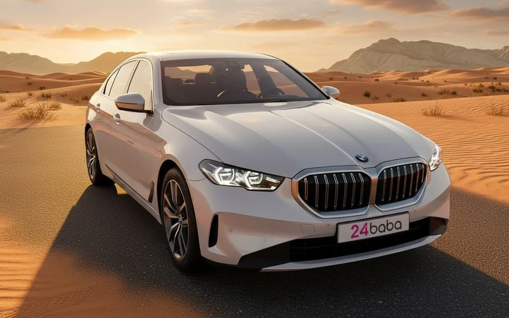 Bmw 520 2024 White front view with headlights – rental in Dubai