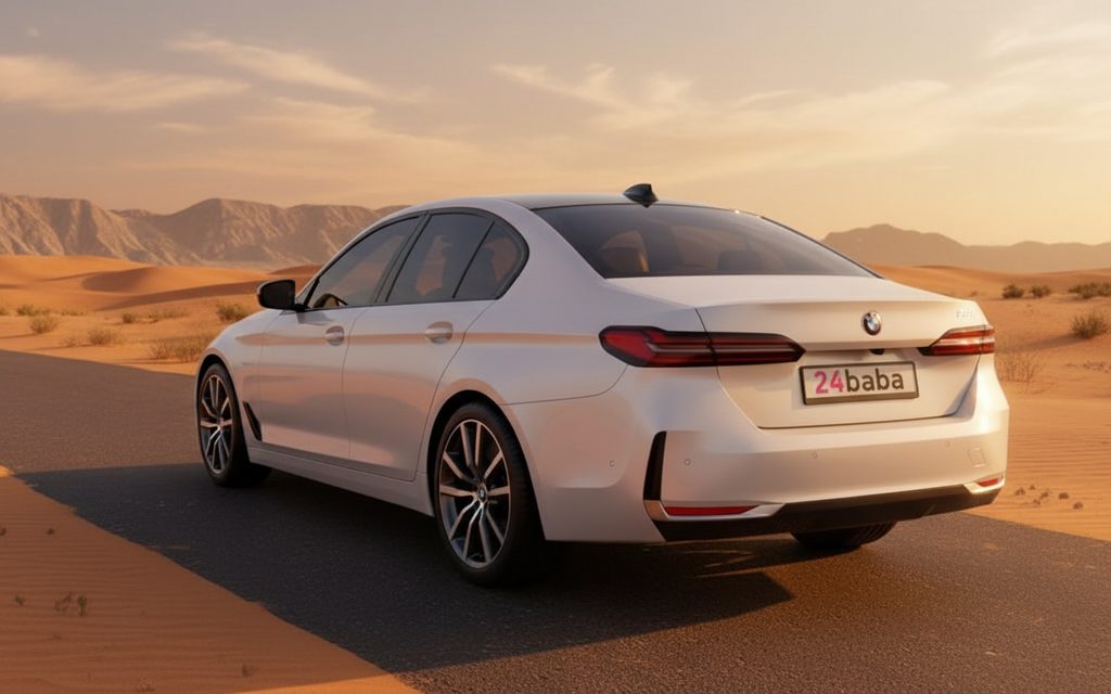 Bmw 520 2025 White rear view showing taillights – rental in Dubai