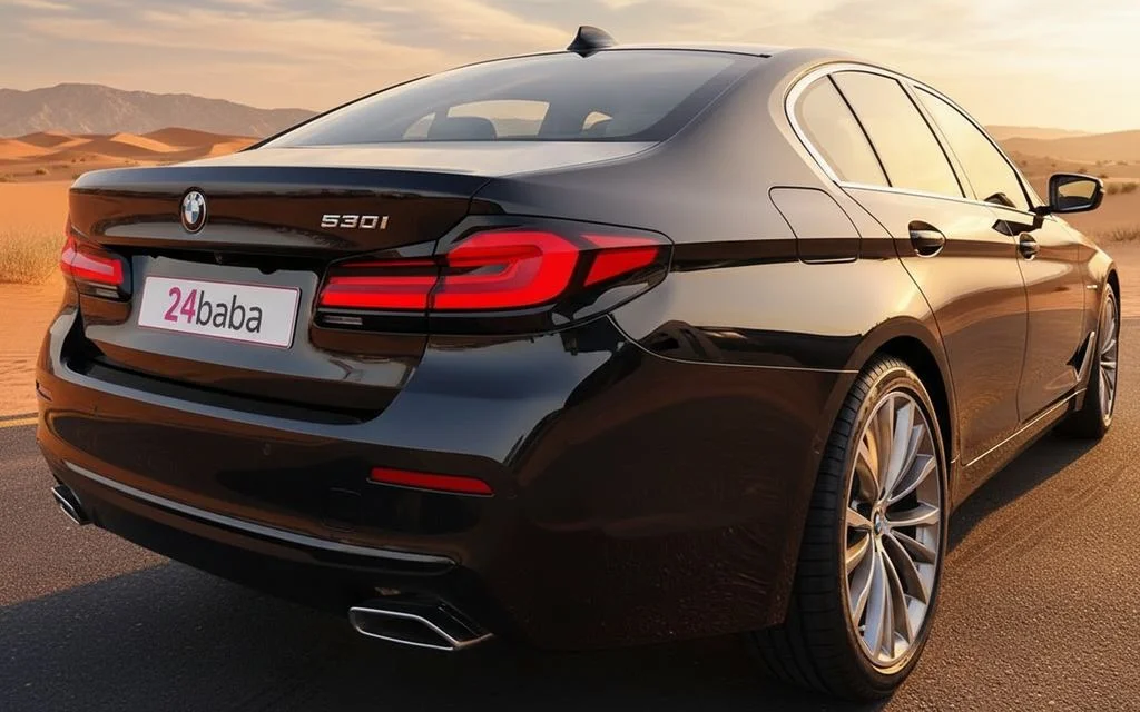 Bmw 530 2023 Black rear view showing taillights – rental in Dubai