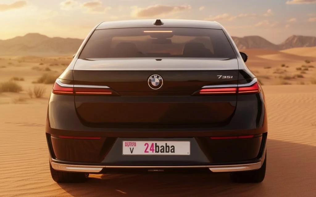 Bmw 735 2023 Black rear view showing taillights – rental in Dubai