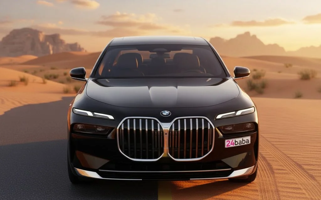 Bmw 735 2023 Black front view with headlights – rental in Dubai