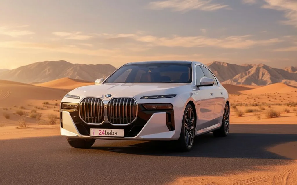 Bmw 735 2024 White front view with headlights – rental in Dubai