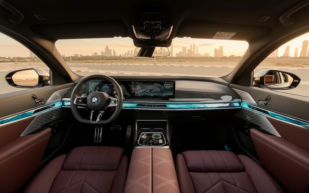Bmw 740 2023 interior view showing trim – rental in Dubai