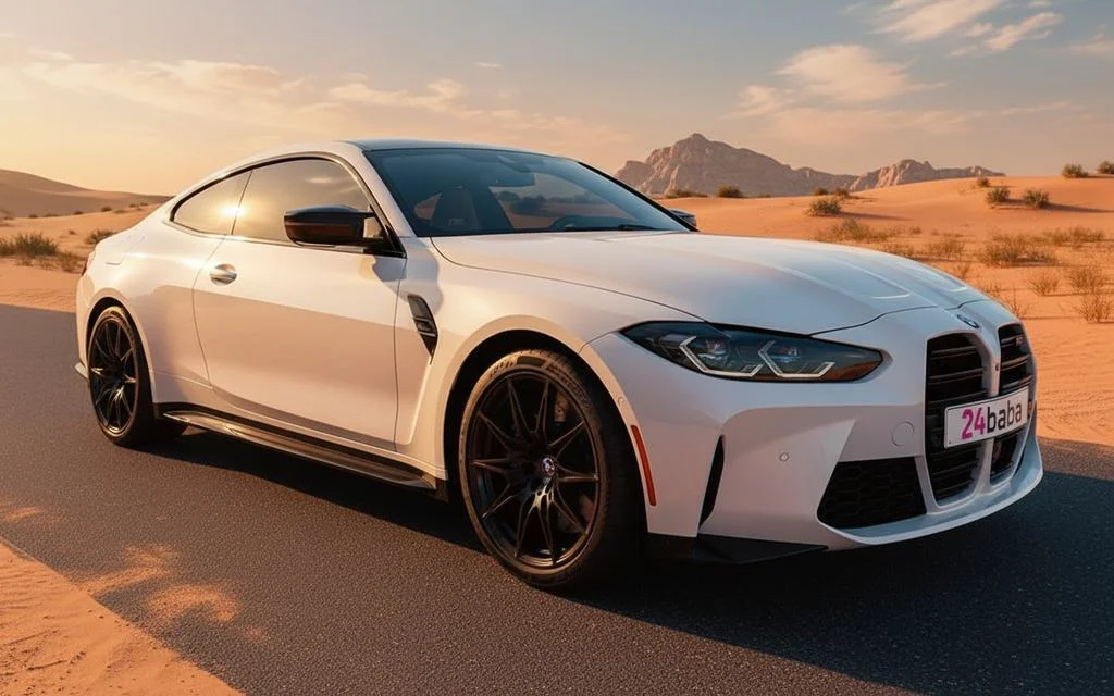 Bmw M4 2024 White front view with headlights – rental in Dubai