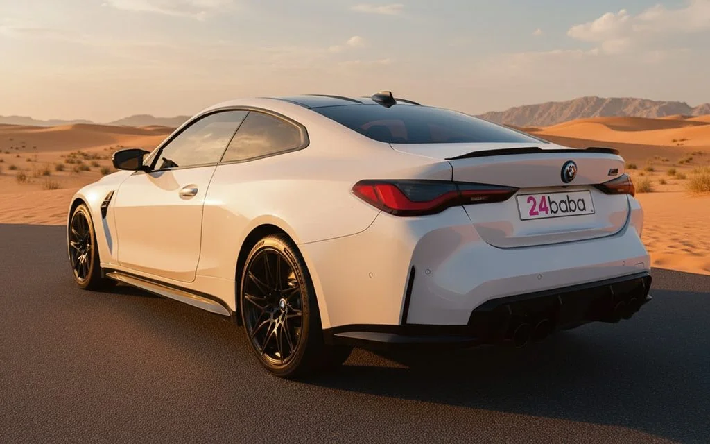 Bmw M4 2024 White rear view showing taillights – rental in Dubai