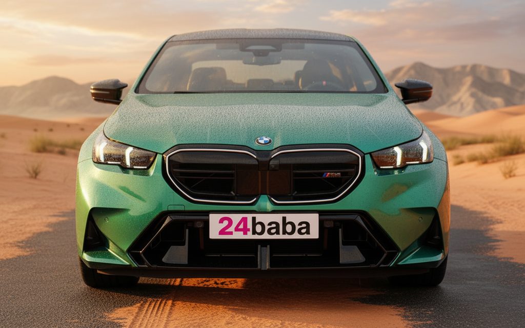Bmw M5 2025 Green front view with headlights – rental in Dubai