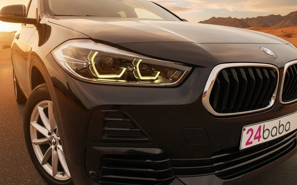 Bmw X2 2023 Black front view with headlights – rental in Dubai
