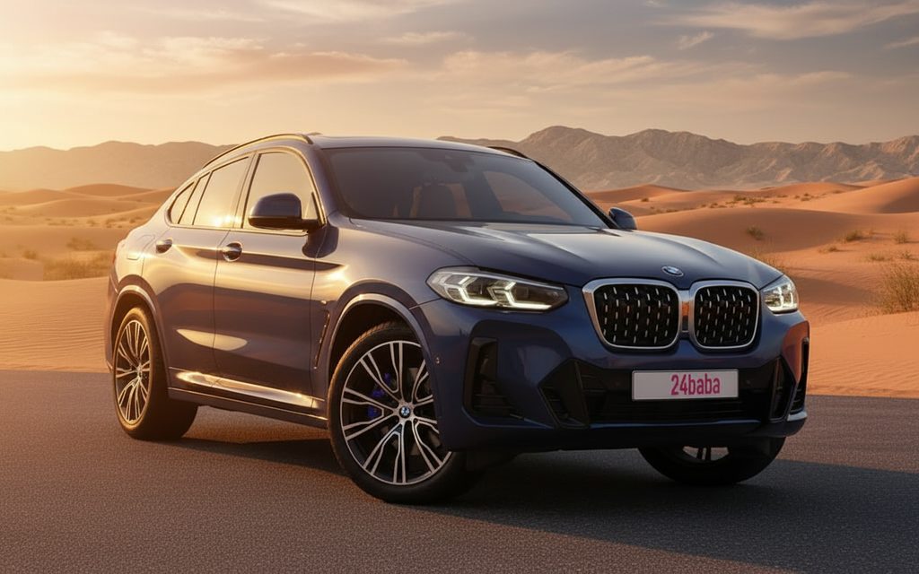 Bmw X4 2023 Blue front view with headlights – rental in Dubai