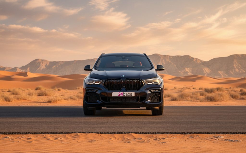 Bmw X6 2023 Black front view with headlights – rental in Dubai