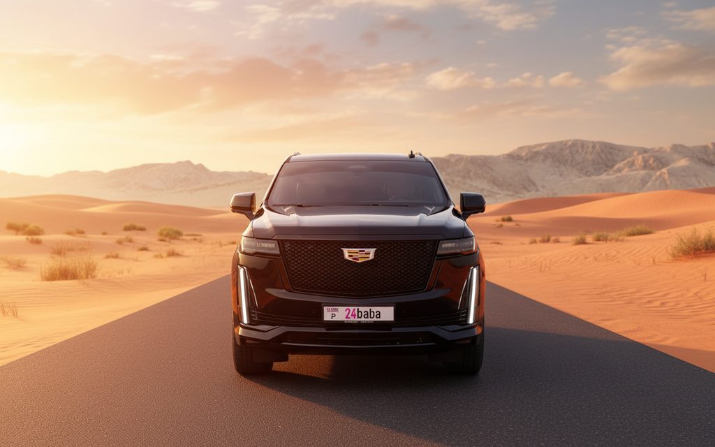 Cadillac Escalade 2022 Black front view with headlights – rental in Dubai