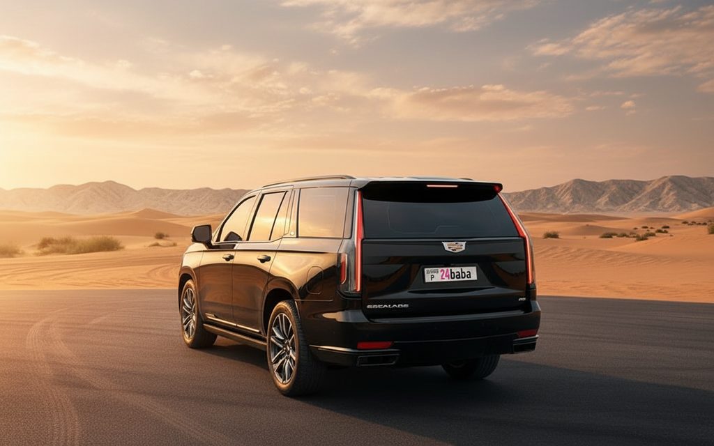 Cadillac Escalade 2022 Black rear view showing taillights – rental in Dubai