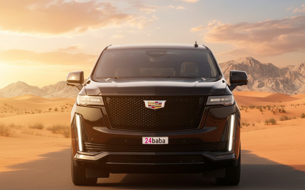 Cadillac Escalade 2022 Black front view with headlights – rental in Dubai