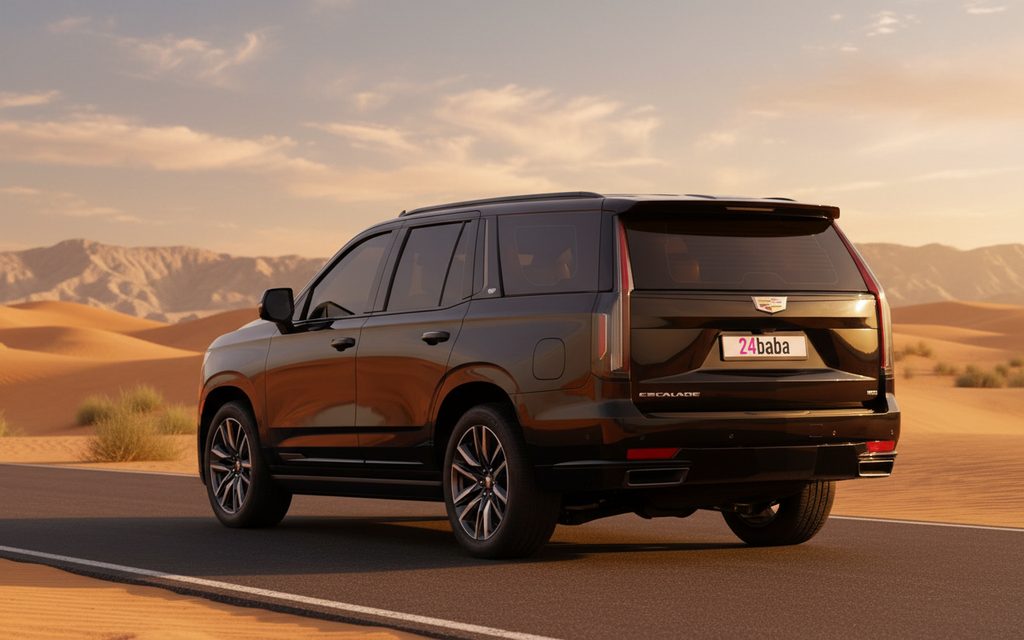 Cadillac Escalade 2022 Black rear view showing taillights – rental in Dubai