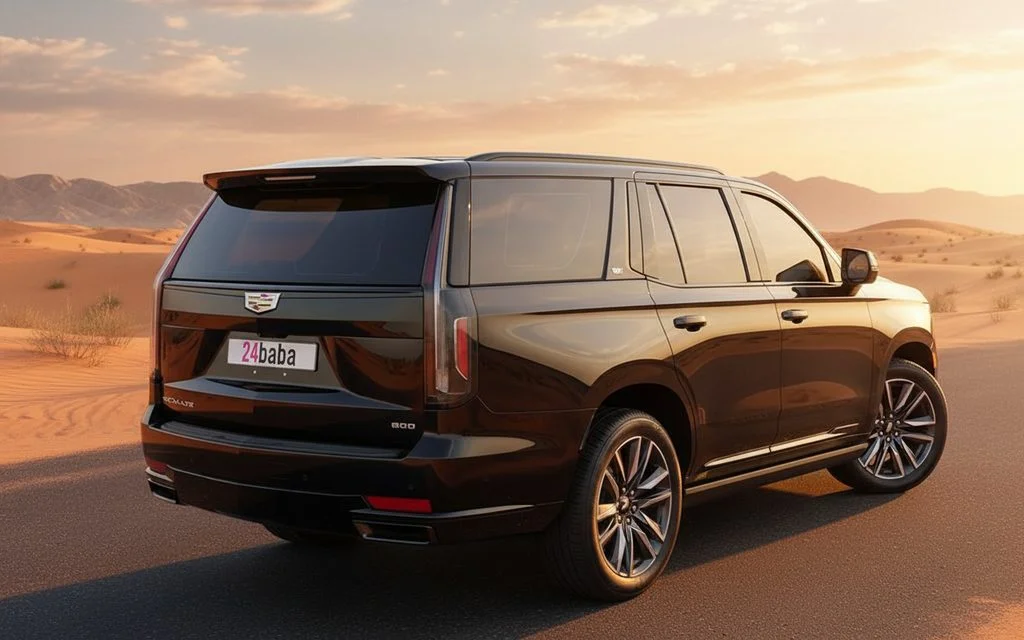 Cadillac Escalade 2023 Black rear view showing taillights – rental in Dubai