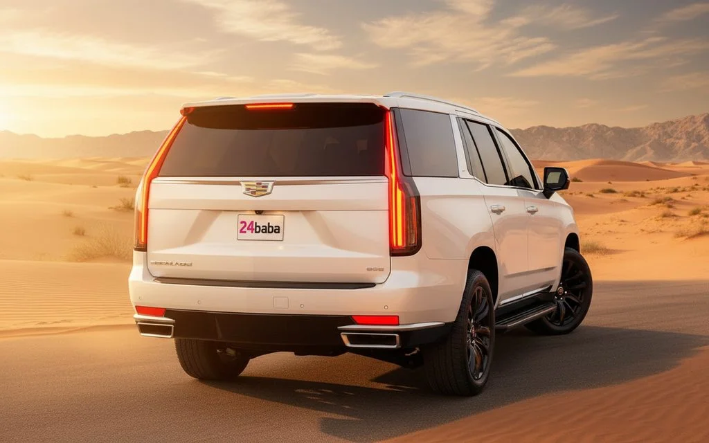 Cadillac Escalade 2024 White rear view showing taillights – rental in Dubai