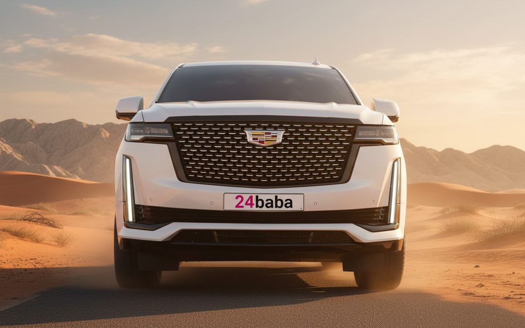 Cadillac Escalade 2024 White front view with headlights – rental in Dubai