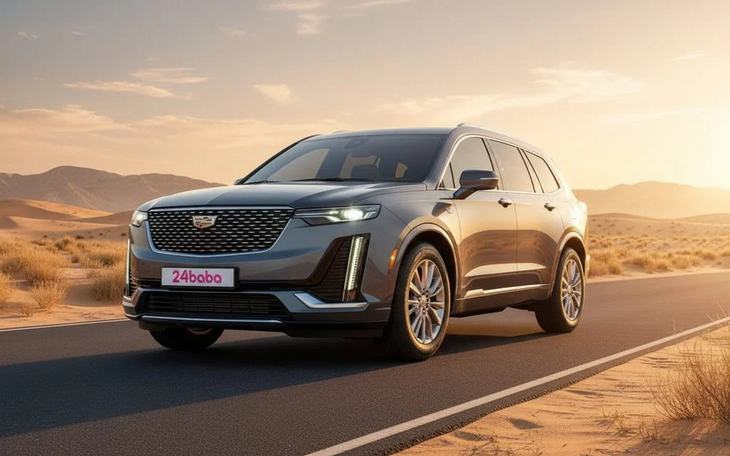 Cadillac Xt6 2022 Grey front view with headlights – rental in Dubai