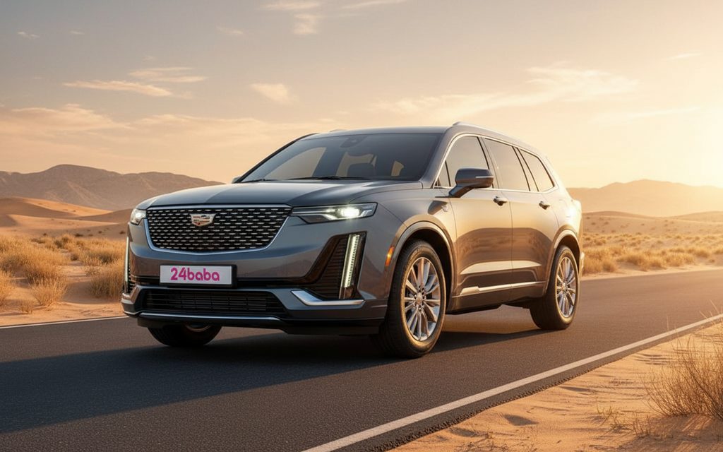 Cadillac Xt6 2022 Grey front view with headlights – rental in Dubai