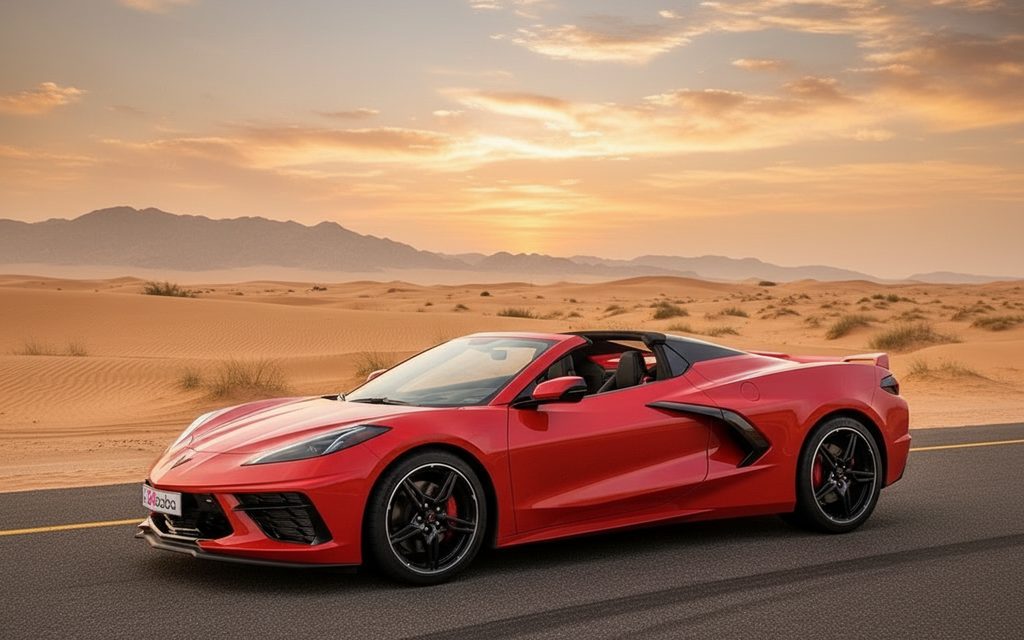 Chevrolet Corvette 2022 Red front view with headlights – rental in Dubai