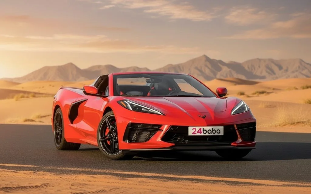 Chevrolet Corvette 2022 Red front view with headlights – rental in Dubai