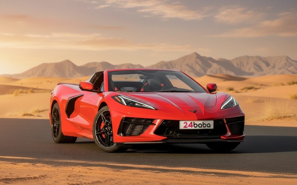 Chevrolet Corvette 2022 Red front view with headlights – rental in Dubai