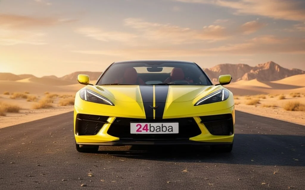 Chevrolet Corvette 2022 Yellow front view with headlights – rental in Dubai
