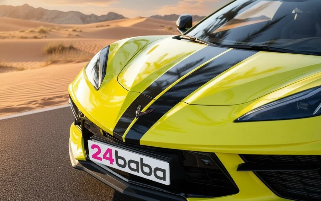 Chevrolet Corvette 2022 Yellow front view with headlights – rental in Dubai