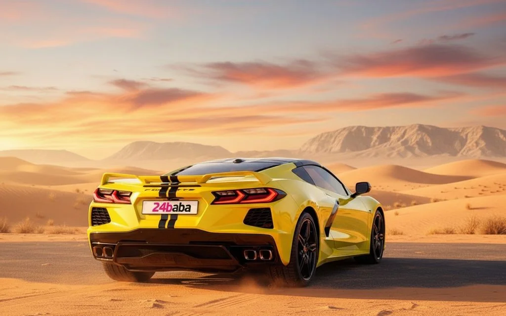 Chevrolet Corvette 2022 Yellow rear view showing taillights – rental in Dubai