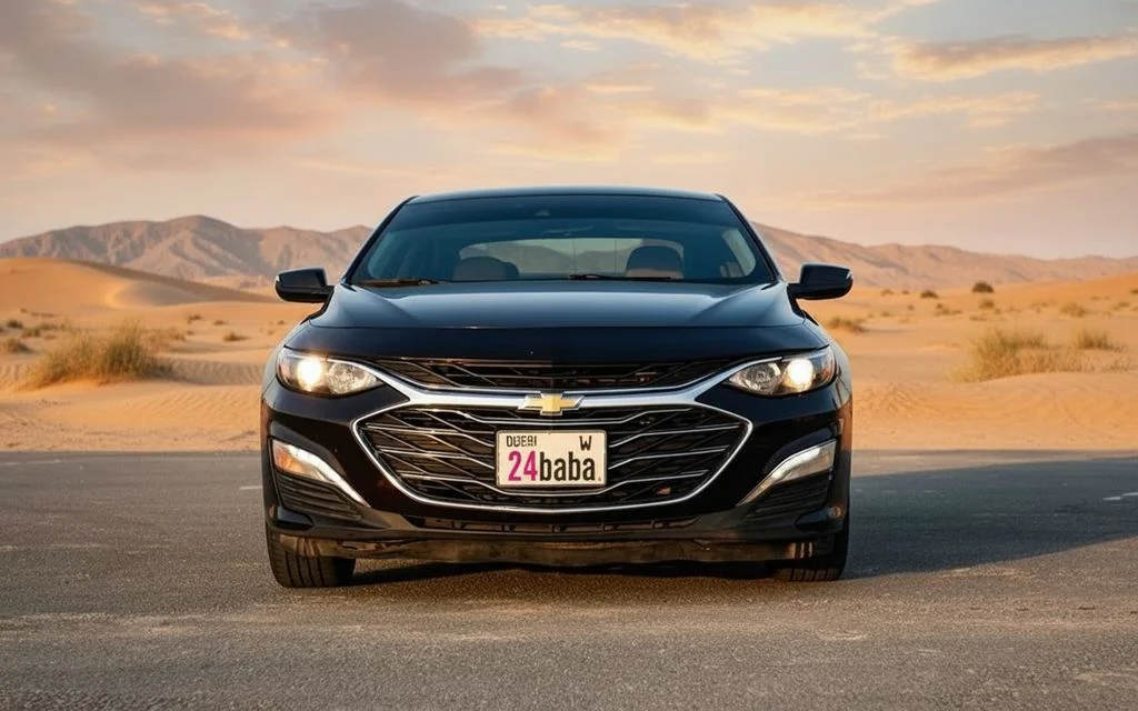 Chevrolet Malibu 2021 Black front view with headlights – rental in Dubai