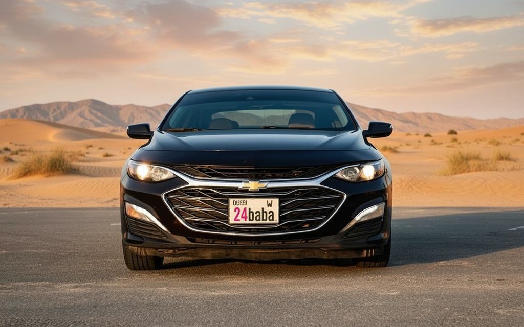 Chevrolet Malibu 2021 Black front view with headlights – rental in Dubai