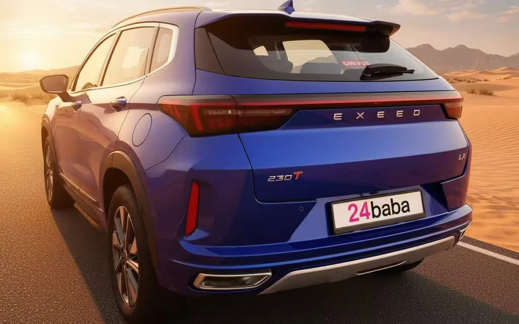 Exeed Lx 2024 Blue rear view showing taillights – rental in Dubai