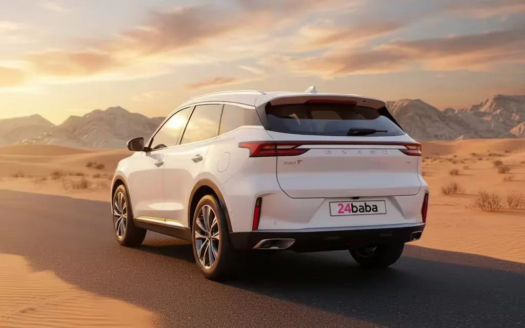 Exeed Txl 2025 White rear view showing taillights – rental in Dubai