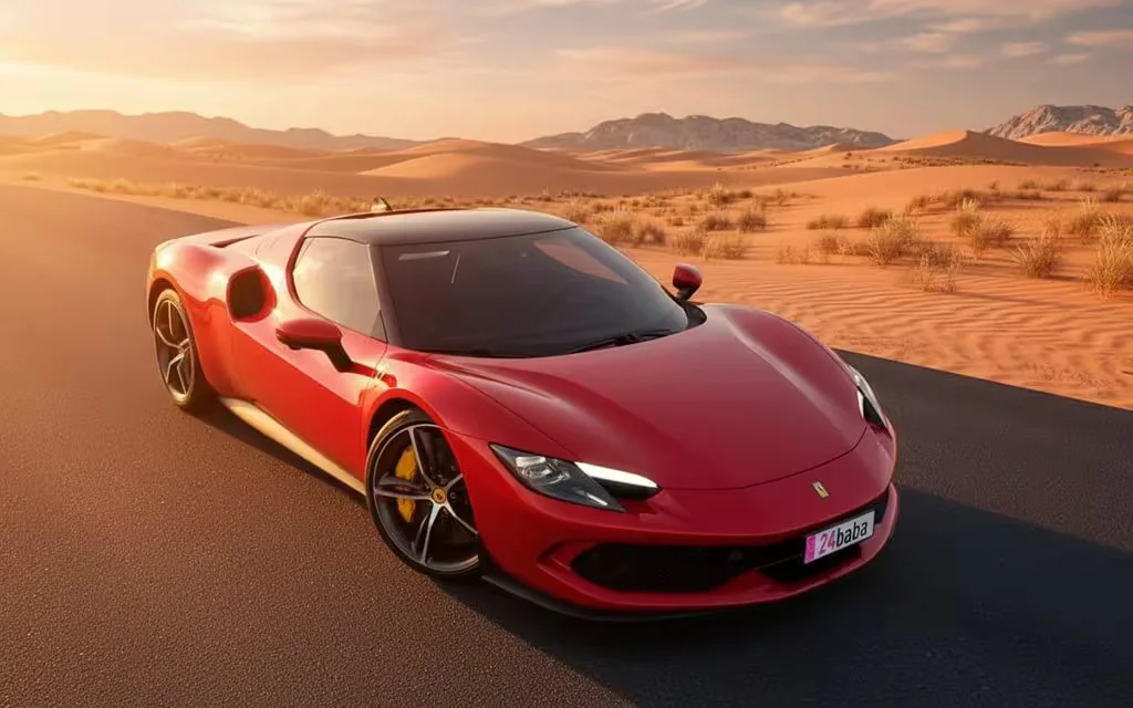 Ferrari 296 2023 Red parked outdoor scene – rental in Dubai