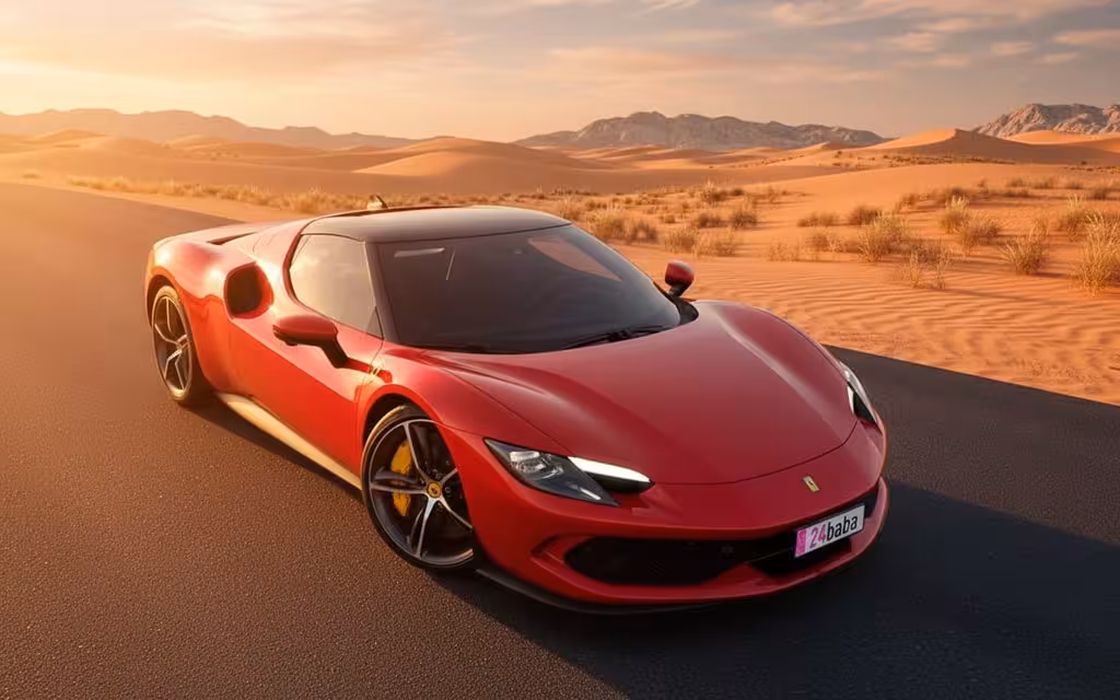 Ferrari 296 2023 Red parked outdoor scene – rental in Dubai