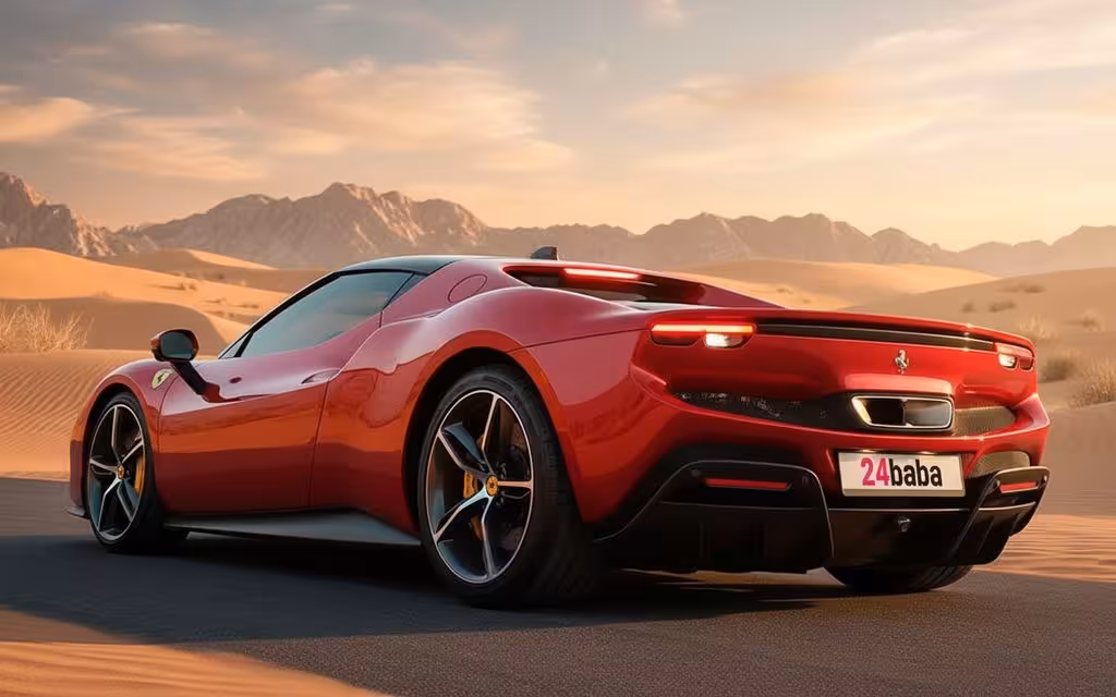 Ferrari 296 2023 Red parked outdoor scene – rental in Dubai